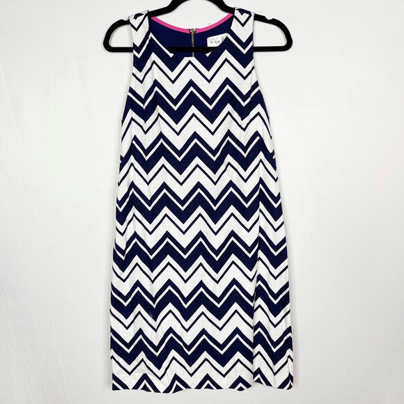 Eliza J Chevron Printed Sheath Dress Size 8 Navy Blue White Cocktail Exposed Zip - Picture 1 of 11